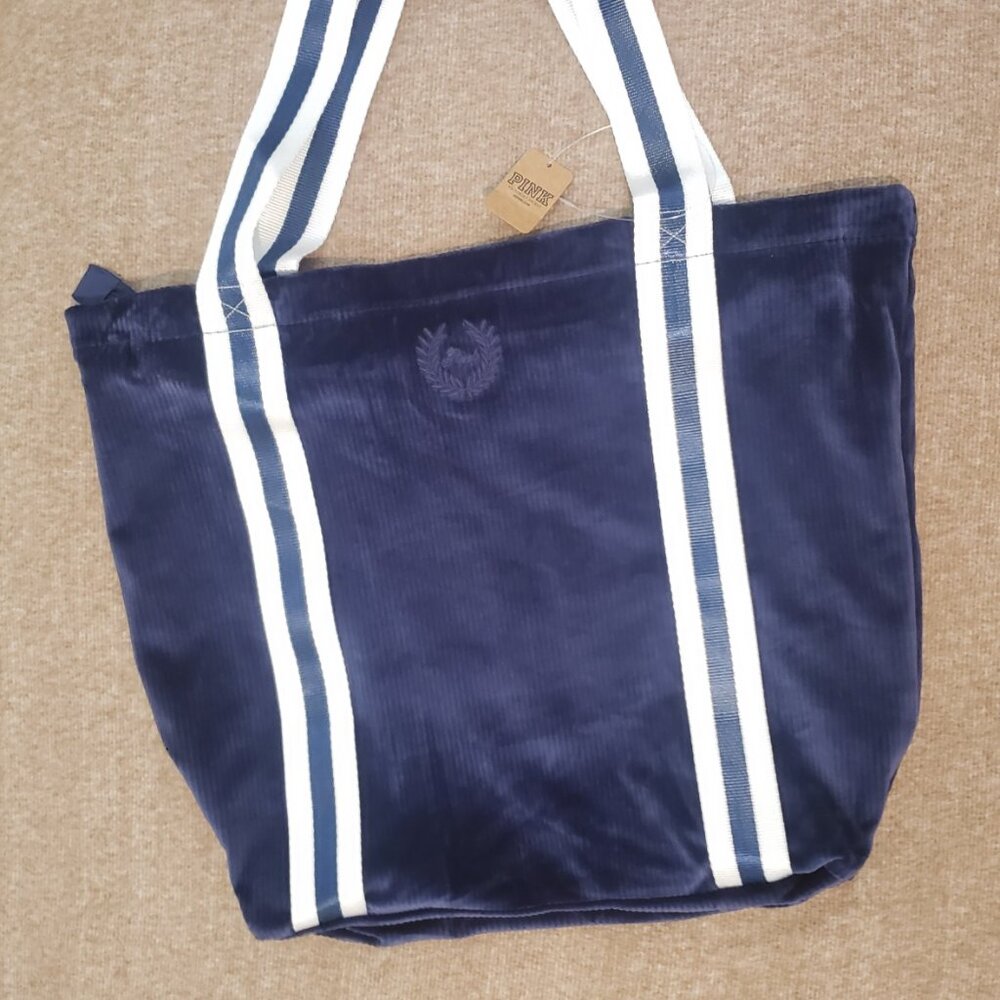 3/$42 Victoria’s Secret PINK Navy Velour Tote Bag NWT - Picture 3 of 6